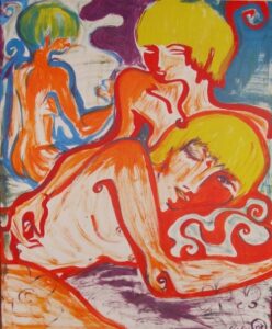 LESBIANAS TRES EN UNA MUJERES POLIAMOR ARTE PINTURA ACRÍLICA DANDEE GIRLS LUTXANA ART BARCELONA EXPOSICONES