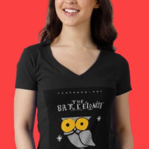 Camiseta Buho Mussol Barcelona lutxana art* negra cuello V mujer
