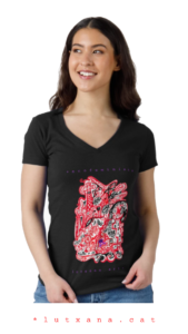 Camiseta Gran Barcelona Sagrada Familia lutxana art* negra cuello V mujer algodón orgánico ecológico* lutxana art* camiseta original mujer