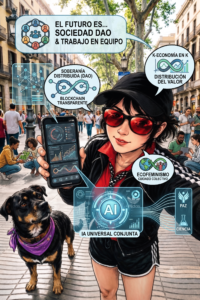 Humor en redes sociales la estrategia reina El futuro es el trabajo en equipo Sociedad DAO Blockchain economía en K y ecofeminista con una IA universal conjunta para la paz y la ciencia.