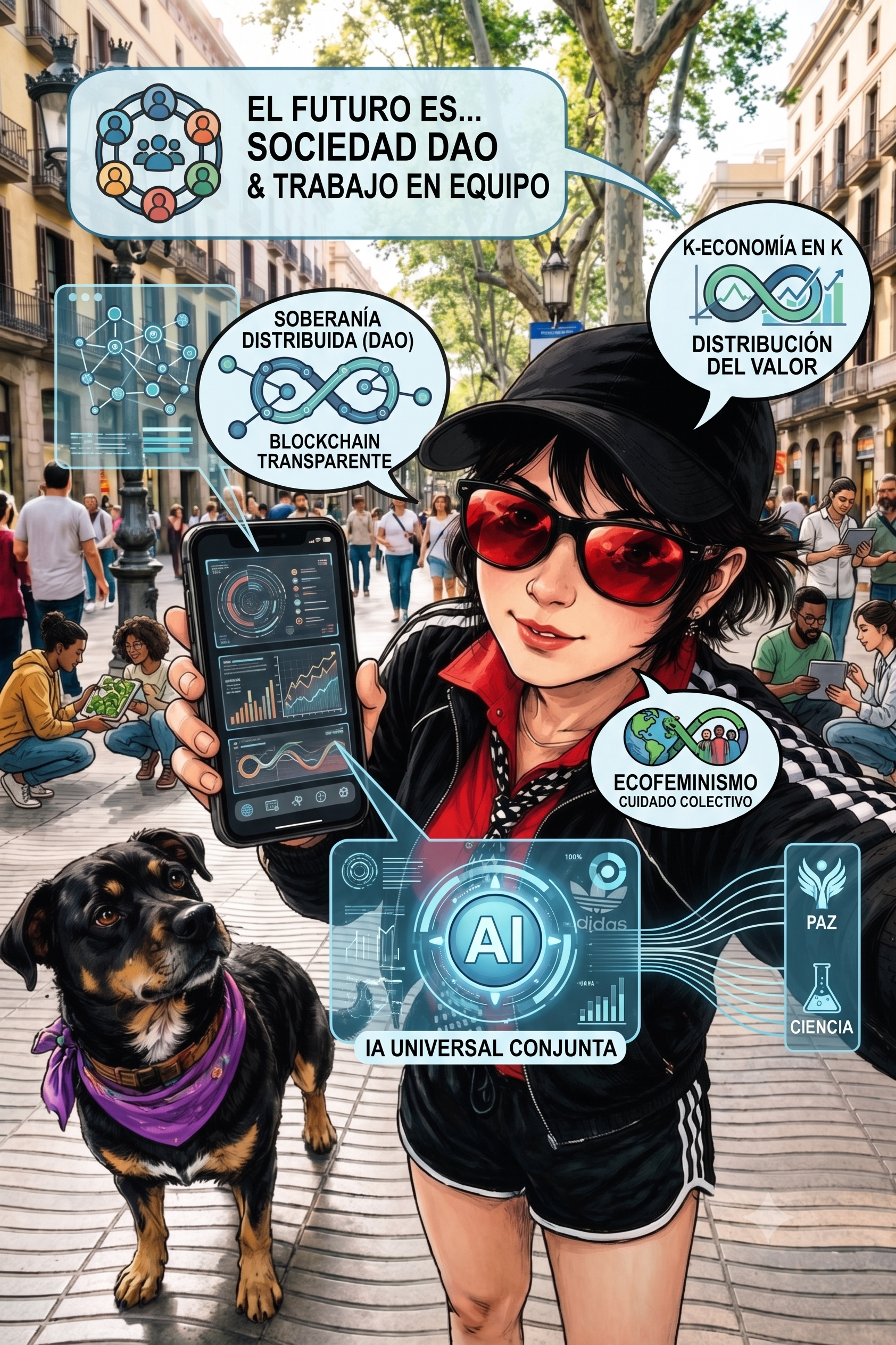 El futuro es el trabajo en equipo Sociedad DAO Blockchain economía en K y ecofeminista con una IA universal conjunta para la paz y la ciencia.